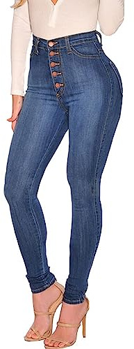 FISCLOSIN Womens High Waist Stretch Jeans 5 Button Push Up Butt Lifting Skinny Colombian Jeans,Dark Blue,Medium