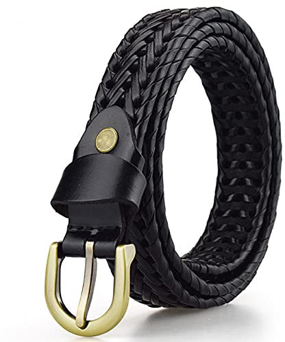 YHMX Geflochtener Ledergürtel für Damen, schmaler gewebter Flechtgürtel mit Dornschließe, Ledergürtel für Kleid, Jeans, Röcke, Hose, schwarz, 105 cm