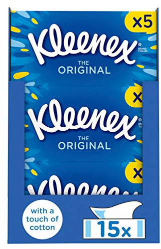 Kleenex Pañuelos faciales originales, paquete de 15 cajas de pañuelos, pañuelos suaves para uso diario, suaves para la piel de tu familia con un toque de algodón