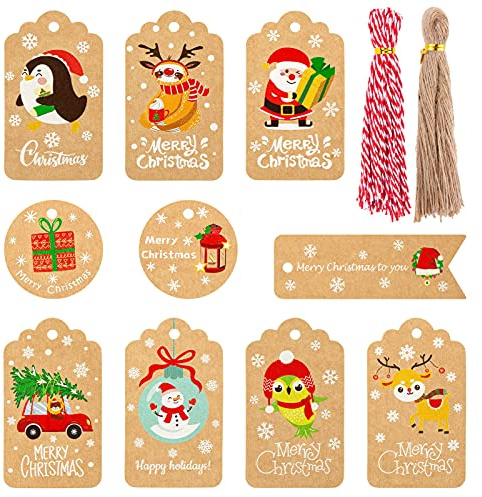 100 Stücke Weihnachten Geschenkanhänger, Weihnachten Kraftpapier Tags Etiketten mit Juteschnur für Weihnachts Geschenk Label Präsentieren Dekoration