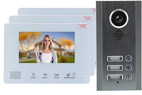 Video intercom doorbell, 7in Screen BUS 2 Wire Video Doorbell Camera Door Phone System, Direct Press Type Color Display Two Way Intercom Night Vision Weatherproof AC(Direct press type 3 households)
