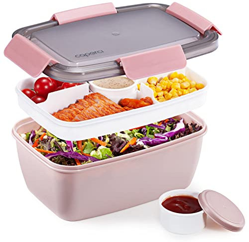 Caperci Large Salad Lunch Container - Adult Bento Lunch Box with 68 oz Salad Bowl, 5-Compartment Tray, 2pcs 3-oz Sauce Cups, Stackable, BPA-Free (Pink)