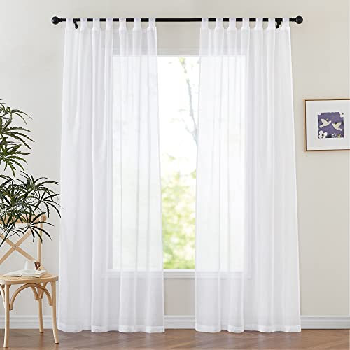 PONY DANCE Vorhänge Weiss Transparent Dekoration Voile Gardinen mit Schlaufen 2er Set Wohnzimmer Leinenoptik Schlaufenvorhang H 220 x B 140 cm