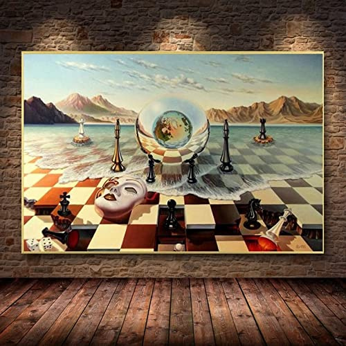 HOLEILUCK Kunstdruck auf Leinwand, Motiv Salvador Dali Surrealismus, Schach auf Meer, Malerei auf Wand, abstraktes seltsames Poster, 90 x 130 cm, mit Rahmen