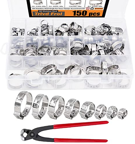 150Pcs 304 Stainless Steel Single Ear Hose Clamp with Ear Clamp Pincer, 6-23.5mm Crimp Hose Clamp Assortment Kit Cinch Rings Crimp Pinch Tools Perfect for Automotive, Home Appliance Line and Plumbing