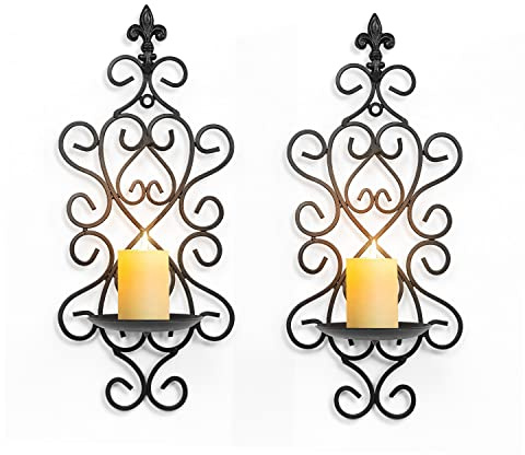 Wall Candle Sconce Holder Set of 2, Candle Sconces Wall Decor for Living Room Dining Room Bedroom, Black Antique Metal Candle Holder for Home Decoration (Candle Sconce 01)