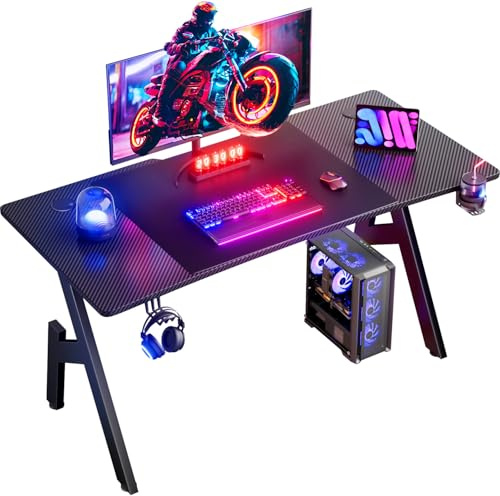 HLFURNIEU Scrivania Gaming Ergonomica, 140 x 60 cm Tavolo da Computer, Scrivania Gamer con Porta Bicchiere e Gancio per Cuffie, Piano del Tavolo in Fibra di Carbonio Impermeabile, Nero