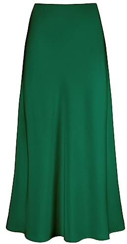 Outoshe Women's Satin High Waisted Maxi Skirts Hidden Elasticized Waistband A Line Long Skirt, Dark Green, L