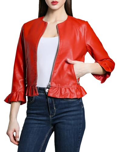 Laphilo Bolero - Chaqueta corta para mujer, de piel sintética, con cremallera, de manga larga, sin cuello, cód. 7720, Código: 598 rojo, L