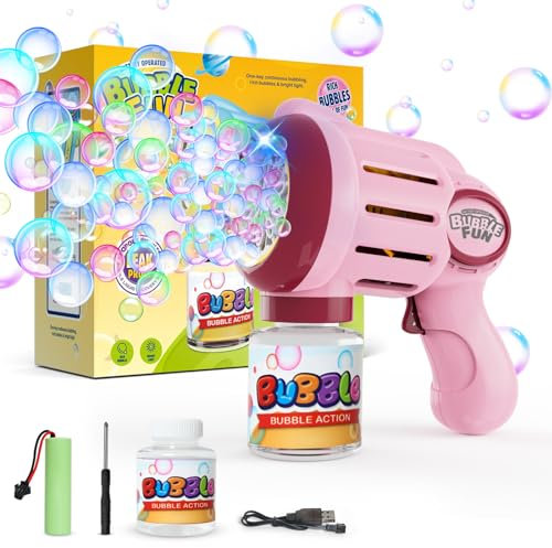 Bombble Pistola de burbujas, máquina automática de burbujas, batería recargable integrada y solución de burbujas de 90 ml, más de 10000 burbujas/min, regalo al aire libre para niños, cumpleaños