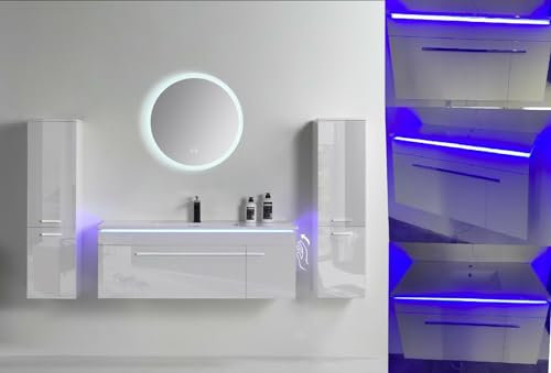 Faizee Möbel | Badmöbel-Set 90 cm in Weiß Hochglanz | Keramik-Waschbecken & Runder LED-Spiegel | Modernes Badezimmermöbel-Set ohne Schränke – Stilvolle Einrichtung für jedes Bad