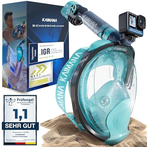 Die Preisgekrönte KAIMANA® Schnorchelmaske für Erwachsene & Kinder - absolut CO2 sicher - inkl. Tragetasche - Tauchermaske Erwachsene - Vollgesichtsmaske Tauchmaske
