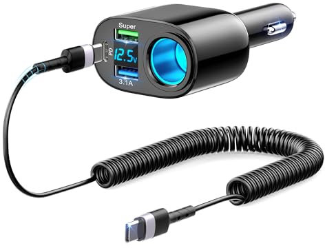 Zigarettenanzünder Verteiler 111W Auto Ladegerät Zigarettenanzünder USB C KFZ Adapter Ladegerät mit 90W Steckdose & 66W USB Superschnelles Aufladen & PD3.0 & QC3.0 für iPhone Samsung GPS Dash Kamera