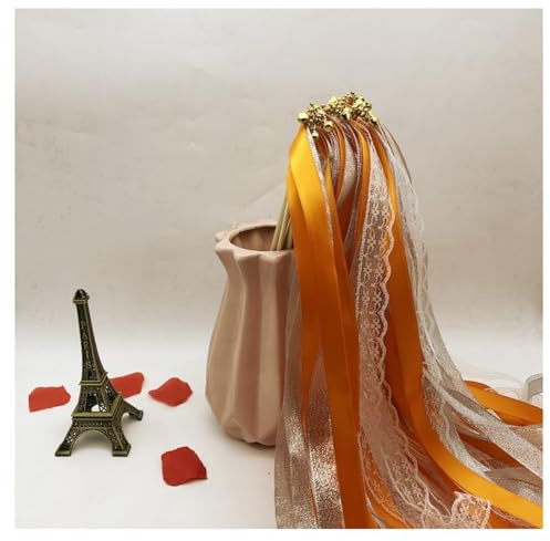 Hrlace 30 Stück Wedding Wands Ribbon Zauberstäbe Hochzeit Luftschlangen mit Glocken Spitzenfeenstab Seidenfeenstab für Hochzeit Weihnachten Geburtstag Baby Party Urlaub Feiern Orange 30 Stück