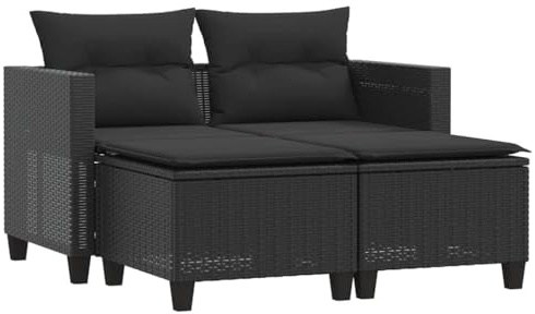 vidaXL Gartensofa 2-Sitzer mit Hockern Schwarz Poly Rattan