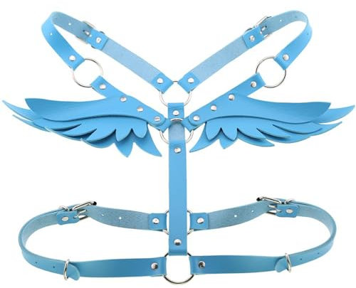 Yuschuh Damen Mädchen Punk Body Harness Gürtel Verstellbarer Leder Body BH Brustgeschirr Gürtel Engelsflügel Taillengürtel, Blau, Einheitsgröße