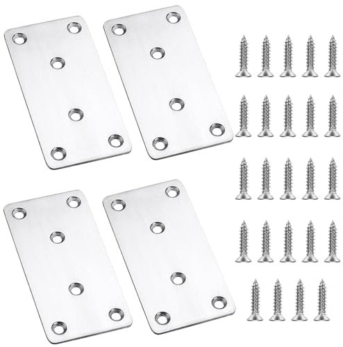 4 PCS Flat Straight Brace Brackets Stainless Steel Metal Brace with 24 PCS Screw Silver Mending Flat Plate Bracket for Repair Fixing Mending Joining Furniture Shelves Cupboards
