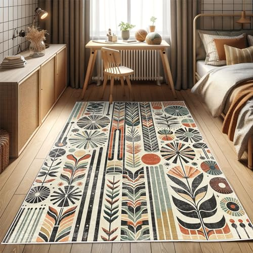 ABAKUHAUS Bohemian Dekorativer Teppich, Retro Abstrakt Mid Century, Hochwertiger Flächenteppich für Schlafzimmer und Wohnzimmer, 157x229 cm, Dunkelorange Reseda