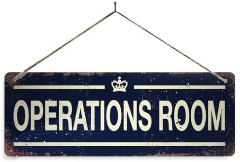 WW2 Operations Room - Blue. Large metal sign with 2 holes and twine. Vintage war crown office door