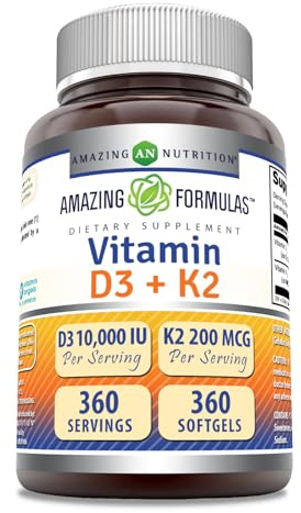 Amazing Formulas Vitamin D3 10000 IU with Vitamin K2 200 Mcg | D3 + K2 Complex Supplement | Non-GMO | Gluten-Free | Made in USA (1 Pack, 360 Count)