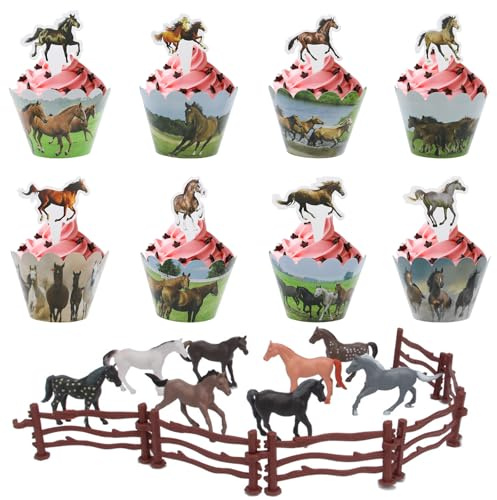 CONNECTION 46 Stück Tortendeko Pferd Tortendeko Pferde Geburtstagsdeko 16 Cupcake Topper Pferde 16 Kuchenumrandungen 8 Kunststoff Pferde 6 Zaun Tortenstecker für Geburtstagsfeier Dekoration Hochzeit