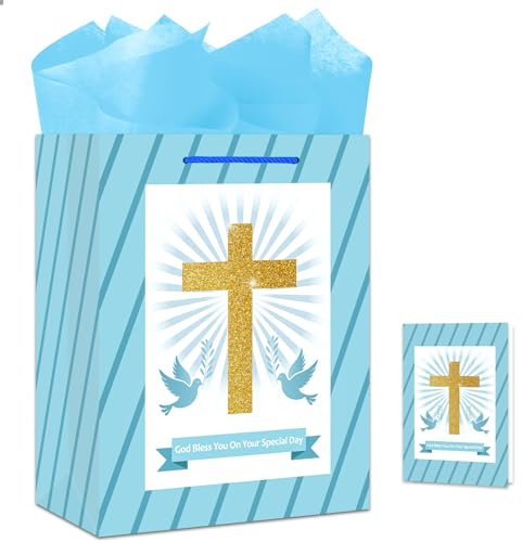 BIZIBAFF Geschenktüte zur Erstkommunion für Jungen und Mädchen, 33 cm, Taufgeschenktüte mit Seidenpapier, Ostern, religiöse, christliche Geschenktüte, Taufe, Konfirmation, Geschenke für Babys, Jungen,