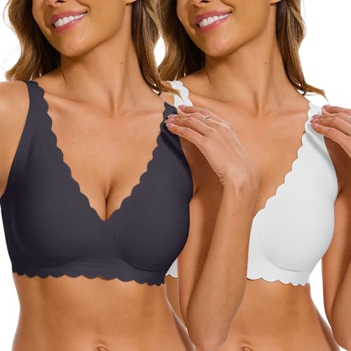 CheChury Femme Soutien Gorge sans Armature Brassiere Push Up Col en V Soutien-Gorge sans Couture Rembourré Maintien Confort Grande Taille Brassière avec Coussinets Invisible,Noir+Blanc,M