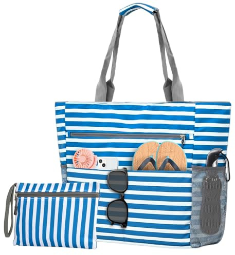 Ecofocet Borsa Mare Donna Grande XXL, Borsa Spiaggia Impermeabile con Cerniera, Borse da Piscina Grande Capacità, Famiglia Tote Bag Alta Capacità per Spiaggia Viaggio Vacanza Sportiva Picnic (Blu)