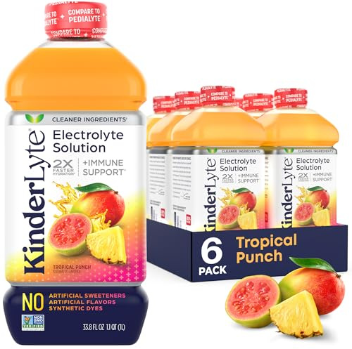 KinderLyte Electrolyte Solution for Kids and Adults - Hydration Drink, Tropical Punch, (33.8 fl oz, 6 Pack), No Artificial Sweeteners or Flavors, No Synthetic Dyes, Vegan, Non-GMO, Gluten-Free