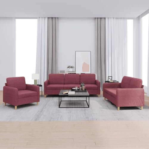 Gecheer 3-TLG.Sofagarnitur Sessel mit Kissen StoffSofa,Fernsehsessel, Couch Garnitur Sofa Set,Relaxsofa,Loungesofa, Wohnzimmersofa Couchgarnitur Designsofa Sitzmöbel Polstermöbel Weinrot Stoff