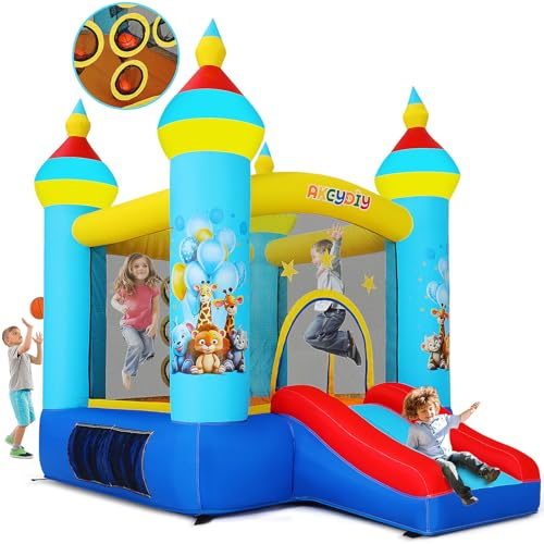 Hopfburg, inomhus, utomhus, lekslott med fläkt, tropiska djungeldjur, fest, hoppborg med rutschkana och springområde, bollkastspel, uppblåsbar hoppborg som present till barn från 3–8 år