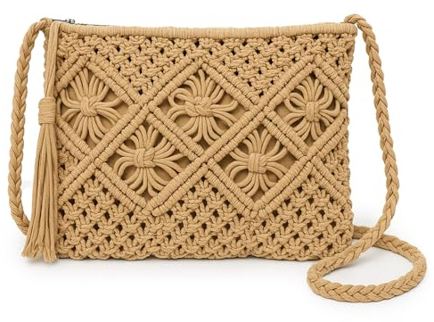 HRCOYES Cross Body Bag for Women, Handwoven Crossbody Purse, Summer Beach Straw Messenger Bag, Woven Cotton Handmade Shoulder Handbag (Khaki)