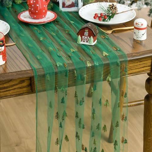 Artoid Mode Green Embroidery Trees Christmas Gauze Table Runner 70x300 cm, Sheer Cheesecloth Kitchen Dining Holiday Table Decor for Home Party