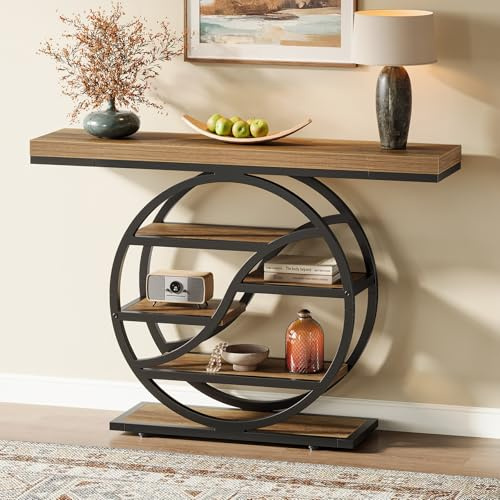 Tribesigns - Table console de 120 cm, table de canapé industrielle à 5 étages avec socle circulaire, tables d’appoint étroites en bois avec étagères de rangement pour salon, couloir, hall d’entrée