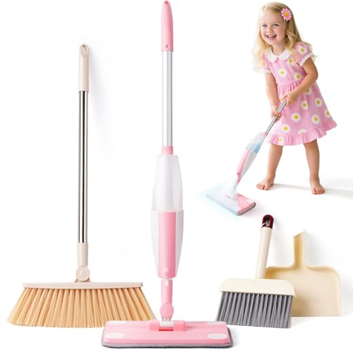 Yeeammk Kids Cleaning Toy Set Age 3+ with Spray Mop & Kids Broom Dustpan Set for Toddlers Montessori Toys Pretend Play Learning Gift for Boys Girls Pink