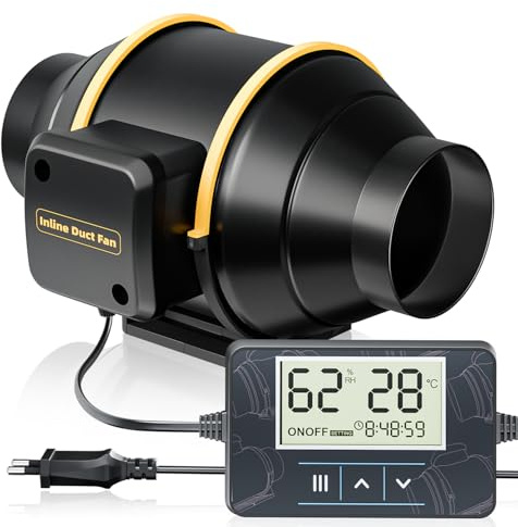 QiCrafe Rohrventilator 100 mm Neue Generation, Leiser Inline-Lüfter mit Timer, Temperatur- und Feuchtigkeitsregler, 367 m³/h, Kupfermotor, Überhitzungsschutz, EU-Stecker, 3 m VDE-Kabel