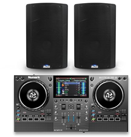 Numark Mixstream Pro Go DJ Controller and ALTO TX412 Powered PA Speakers Pair for Live Music, DJ sets, Events, Music production