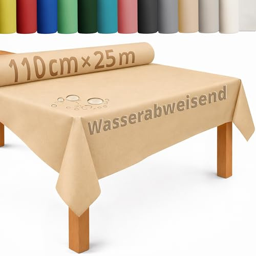 DecoHomeTextil Tischdecke Vliesstoff Rolle 1.1 x 25 m Beige | abwaschbar, wasserabweisend, zuschneidbar, anpassbar, Tischdeckenrolle, Vlies