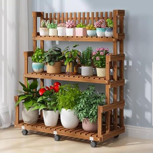 Étagère à plantes en bois réglable en hauteur – Support d'échelle à fleurs à 3 niveaux pour intérieur/extérieur – Affichage mobile de jardin avec 6 roues – Parfait pour les pots et les plantes
