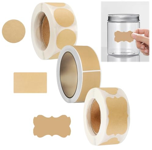 1070 Stück Kraft Etiketten Aufkleber, 3 Rolle Etiketten Selbstklebend，Perfekt für Marmeladengläser, Geschenktüten, Umschläge, Flaschenaufkleber zur Geschenkdekoration