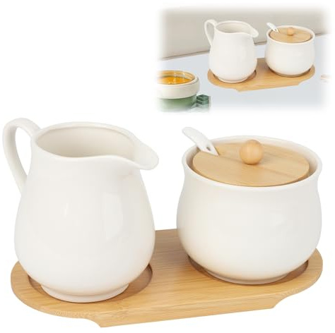Les-Theresa 2er Milch und Zucker Set, Zuckerdose und Milchkännchen Set Keramik Milchkännchen und Zuckerdose mit Bambusdeckel und Löffel, Ideal Elegantes für Haus Küche, Restaurant, Kaffee (Weiß)