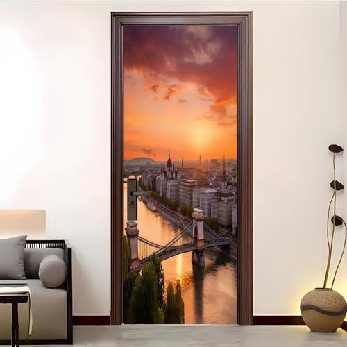 Türtapete Selbstklebend Sonnenuntergang Stadt GebäUde 3D Türaufkleber 95x205 cmOrange-Gelb Türfolie PVC Wasserdich Fototapete für Wohnzimmer Schlafzimmer Küche und Bad Tür