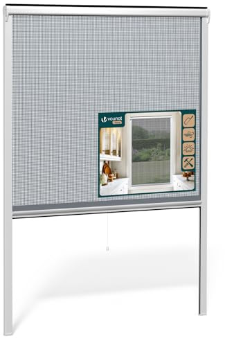 VOUNOT® Insektenschutzrollo Fenster mit PVC Rahmen, Fliegengitter Rollo mit Fiberglas Netz, zuschneidbar in Höhe und Breite, einfache Montage, L130 x H160 cm Weiß
