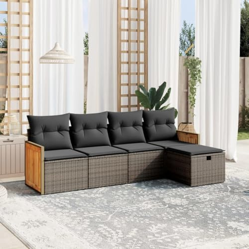 LoogCape Ensemble de canapé de jardin 5 pièces - Gris - En polyrotin - Avec coussins - Groupe de sièges d'extérieur modulaire pour terrasse, balcon et véranda