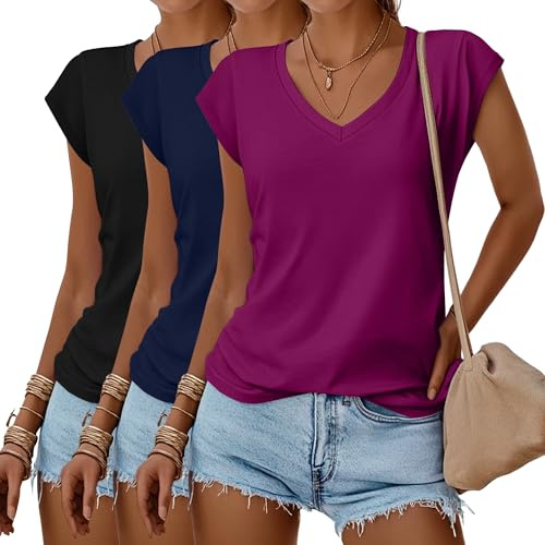 Geyoga 3 T-Shirt Donna Scollo a V con Maniche ad Aletta | Magliette basic a maniche corte, top morbidi e ampi da donna, leggeri e casual per l'estate e l'uso quotidiano