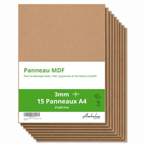 Anhelus Paper & Deco | Lot de 15 Panneau MDF | Format A4 (210x297x3mm) | Feuilles de bois pour travaux manuels, découpe laser, gravure, pyrogravure, routeur CNC et modélisme
