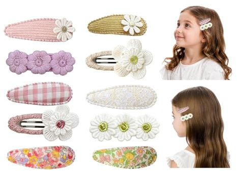 10 Piezas Pinzas de Pelo para Bebé, Clips de Flores Bordadas y Estampado de Margaritas, Pasadores de Tela con Cierre a Presión para Niñas y Niños de Edad Escolar (Set 2)