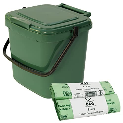 Green Kitchen Compost Caddy & 50x 8L Compostable Bags - for Food Waste Recycling (7 Litre) - 7L Plastic Composting Bin