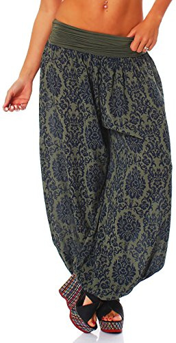 Malito - Damen Pumphose mit Yoga Muster - Haremshose zum Tanzen & Chillen - Lange Aladinhose - Freizeithose 7198 OneSize (Oliv)