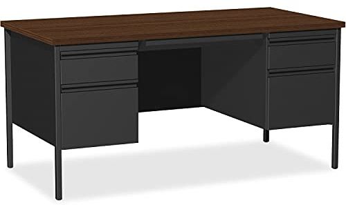 Lorell Fortress Series Double Pedestal Desk, 60 x 30 x 29.5, Black Steel Frame with Walnut Top